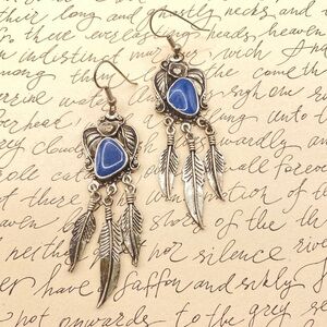 Blue Stone Feather Dangle Western Silver Tone Long Earrings